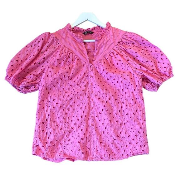Pretty Garden pink cotton eyelet puff sleeve blouse large - Picture 2 of 11